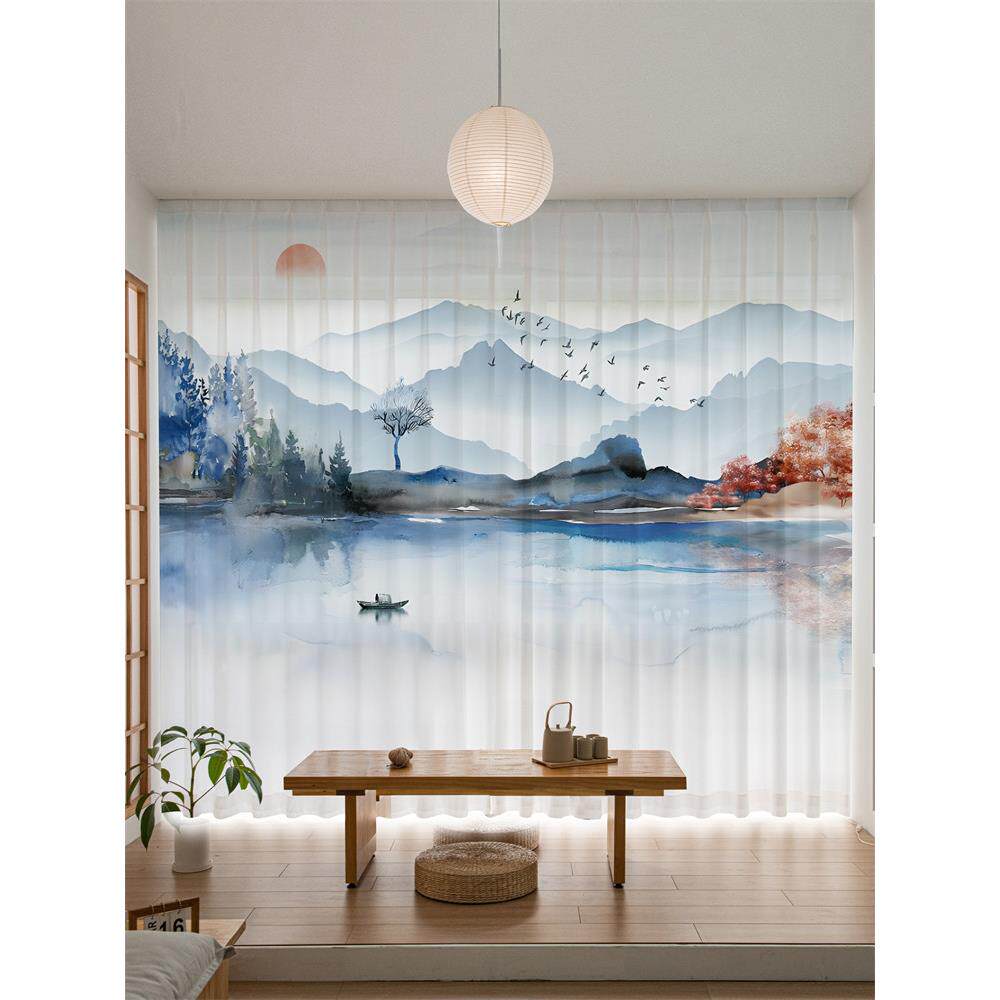 新中式禅意水墨山水画中国风茶室阳台窗帘透光不透人纱帘隔断帘挂