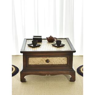 飘窗实木茶几新中式小方桌竹编炕桌禅意茶台矮桌榻榻米古风小桌子