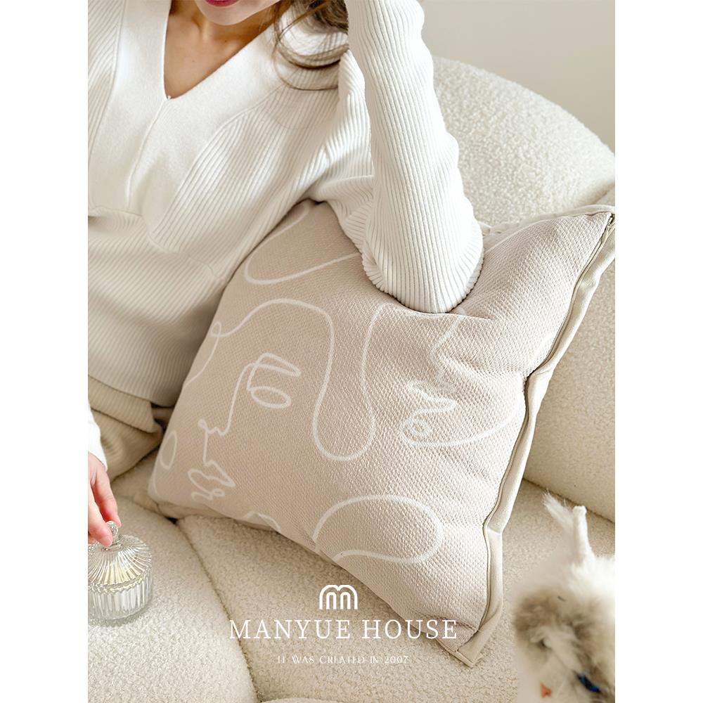 蔓越家 法式燕麦色线条提花雪尼尔抱枕床头靠垫抱枕套不含芯靠枕