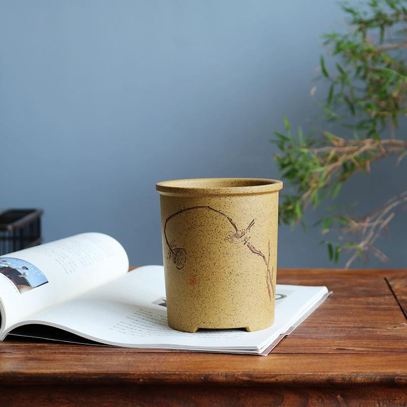 紫砂花盆圆形小笔筒盆精品全手工芝麻段泥名家刻绘多肉兰花盆景盆