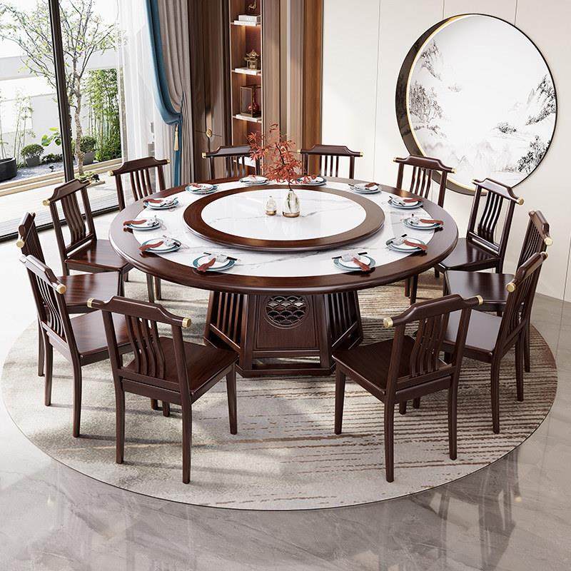 新中式岩板餐桌圆桌实木转盘餐桌椅组合乌金色家用饭店大圆桌子,住宅家具,岩板餐桌,淘宝优惠券,粉丝福利购,淘宝优惠卷