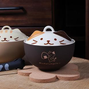 可爱猫咪盖家用大号汤可微波炉煮饭焗饭 泡面碗陶瓷日式