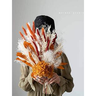 自然风干真花束家庭装饰干花橙红色明亮的颜色样板间桌面装饰品与