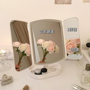 桌面收纳盒一体可折叠家用学生宿舍 梳妆台镜子led化妆镜带灯台式