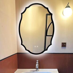 lou y饰镜框卫圆生镜间 复古椭形黑色中古风室镜子壁浴挂装 法式