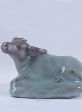 陶瓷牛风水摆饰镇宅小号卧牛动物白色哥窑瓷器招财摆设家居办公室