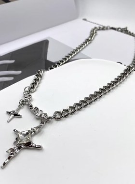 美式古巴项链男款高级感轻奢小众钛钢男生锁骨链装饰芒星设计吊坠