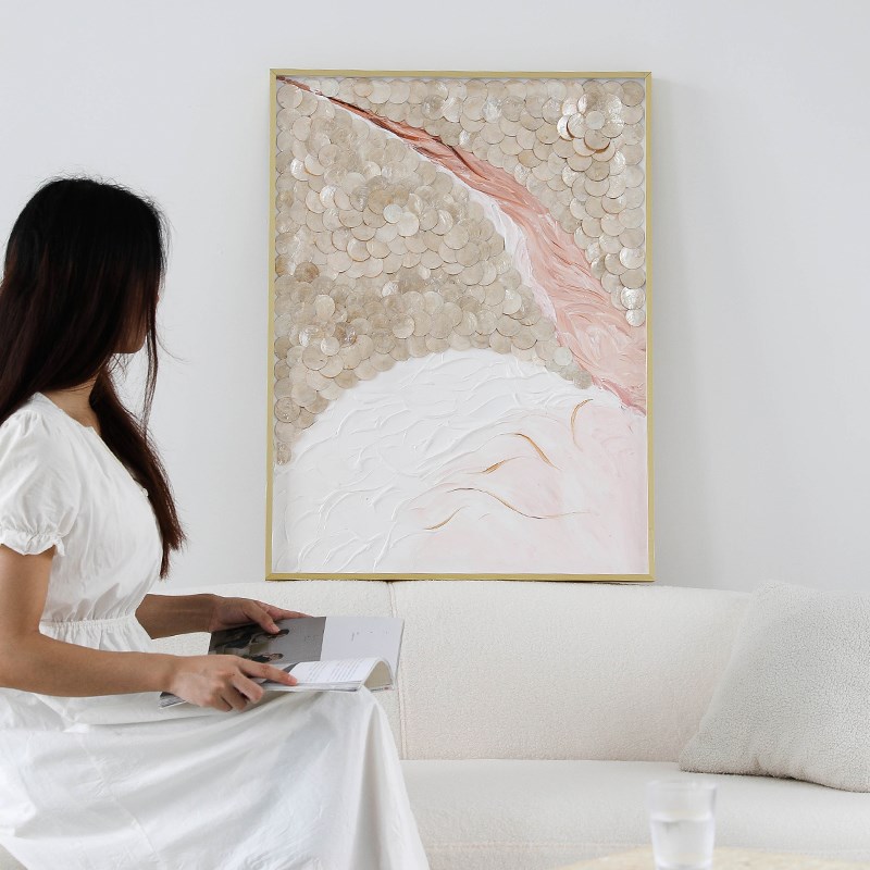 创意轻奢艺术挂画抽象三联手绘油画定制卧室玄关贝壳装饰画图片