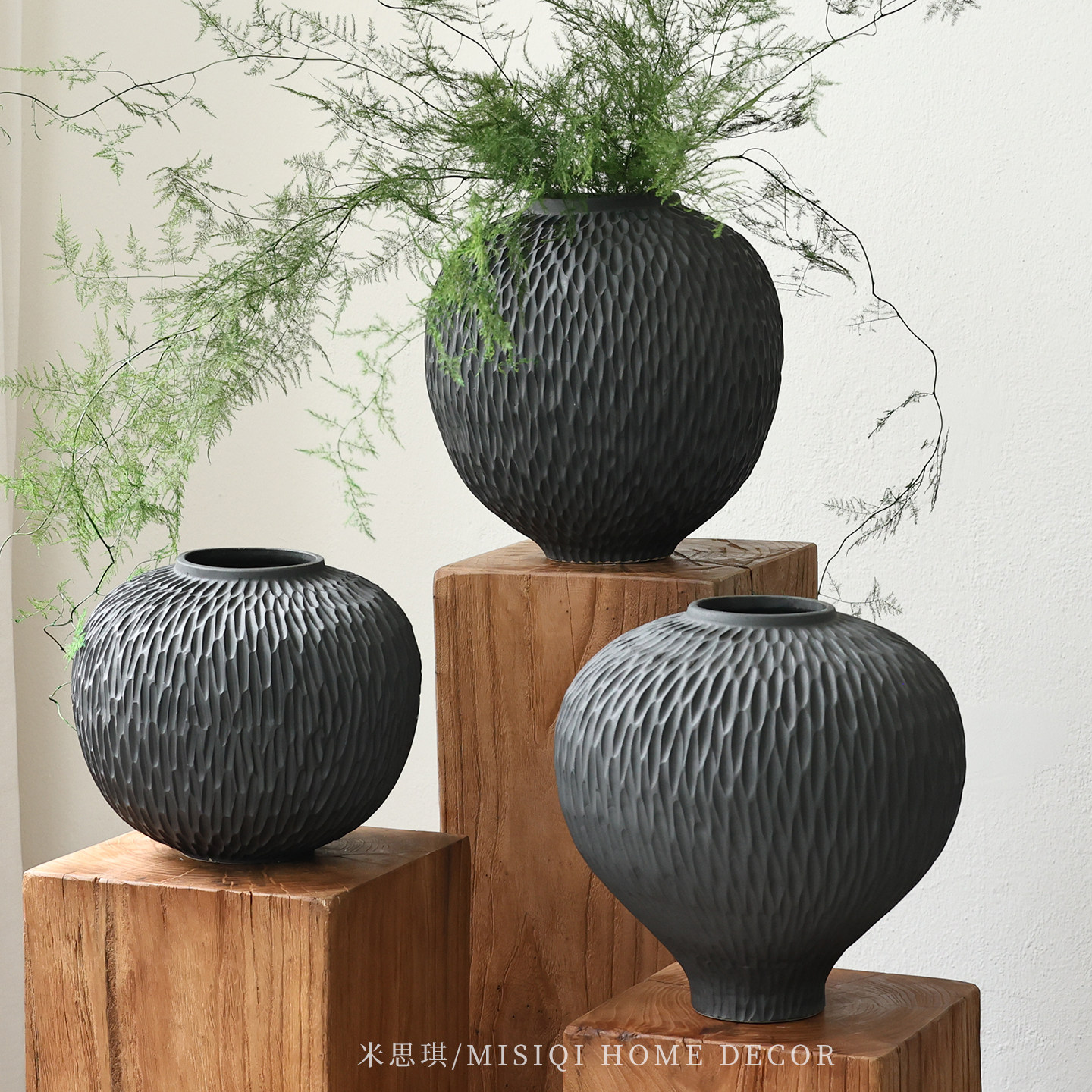 手工雕刻黑色陶瓷花瓶客厅摆件插花器中式复古艺术景德镇粗纹陶罐