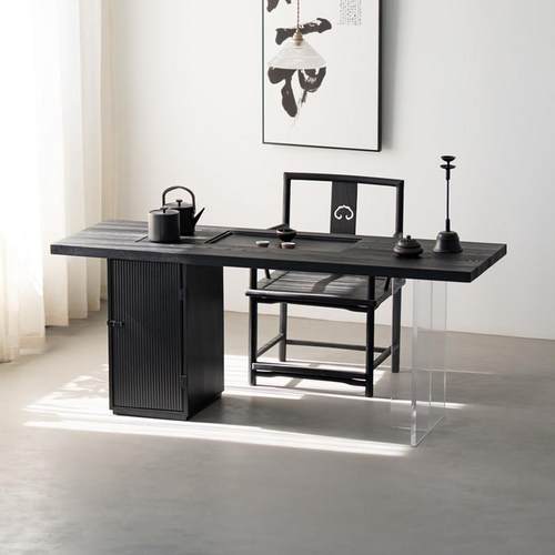 轻奢黑色白蜡木全实木家用茶台阳台茶桌现代简约办公室接待泡茶桌