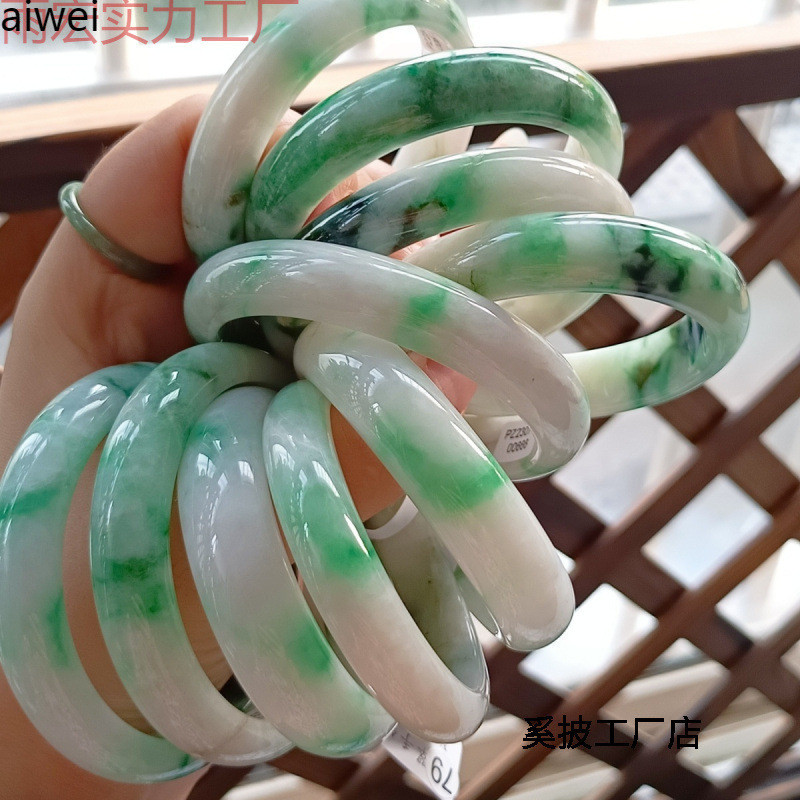 天然翡翠A货细糯种水水润白底青辣阳绿正圈手镯圈口51-60一物一证