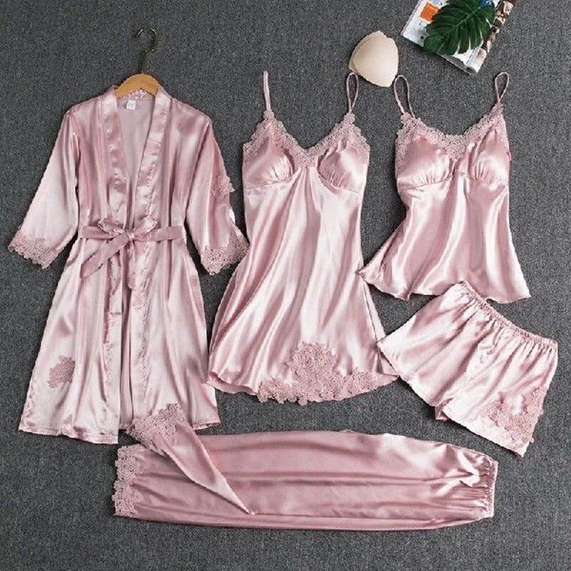 5PC Silk Robe Sleep Suit Womens Lace Satin Pajamas Gown Set