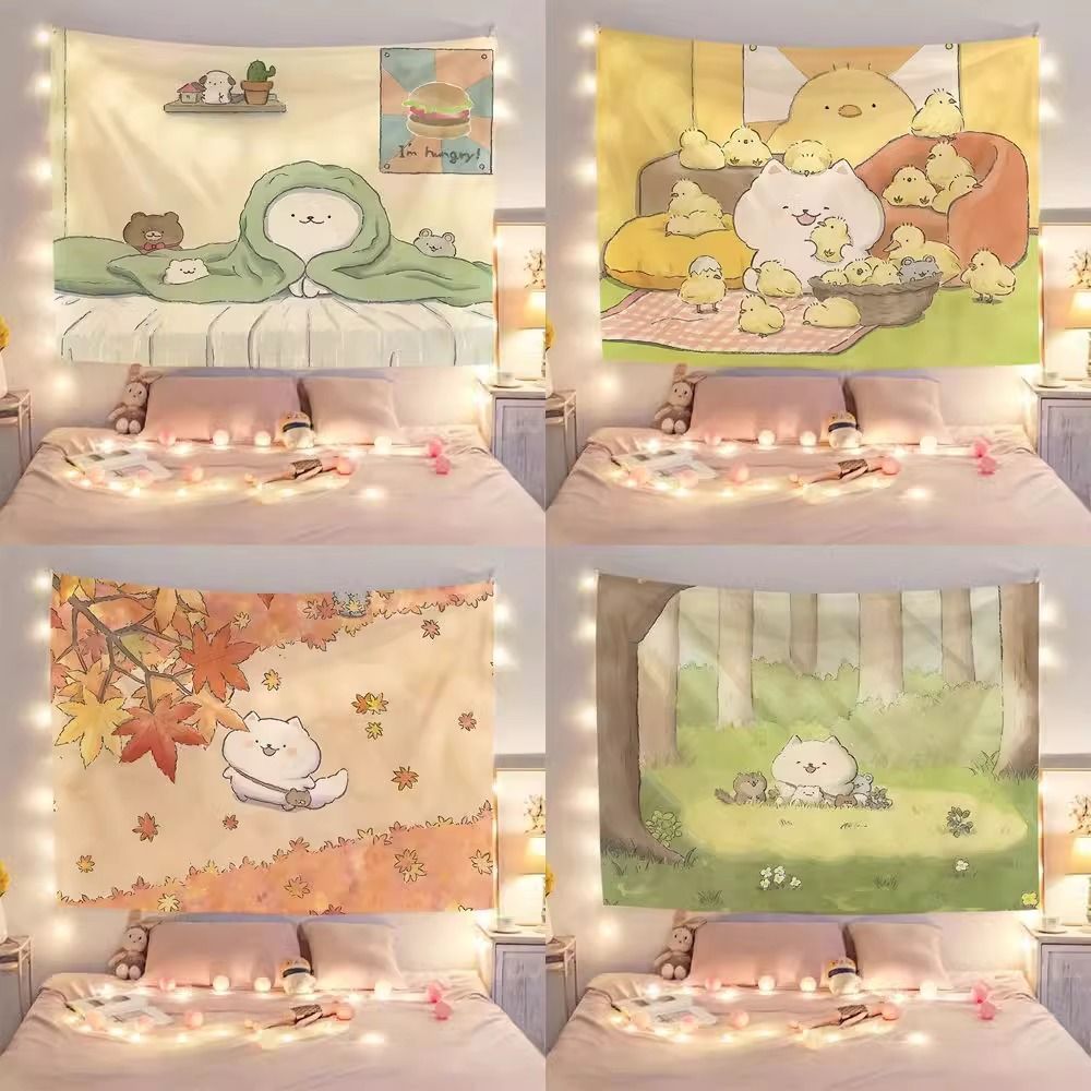 直线卡通ins背景可爱卧室手绘床头插画宿舍房间改造装饰挂毯挂布图片