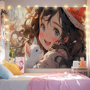 少女ins插画背景布可爱风女生宿舍卧室床头装 直线新款 饰布置墙布