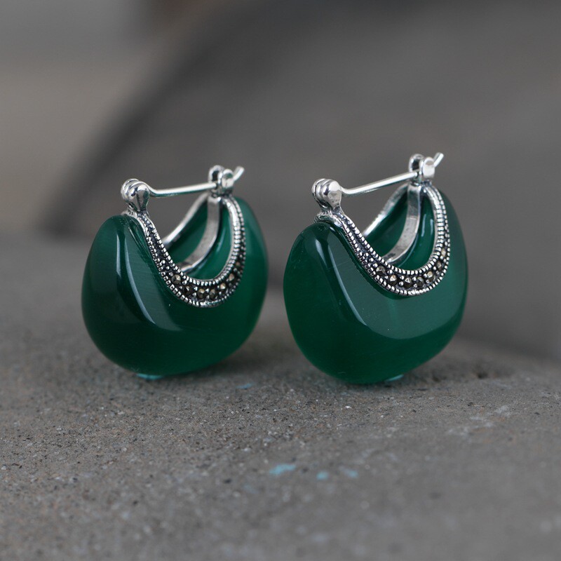 金鹿王S925银复古泰银工艺银耳扣批发镶嵌合成猫眼石女款跨境饰品