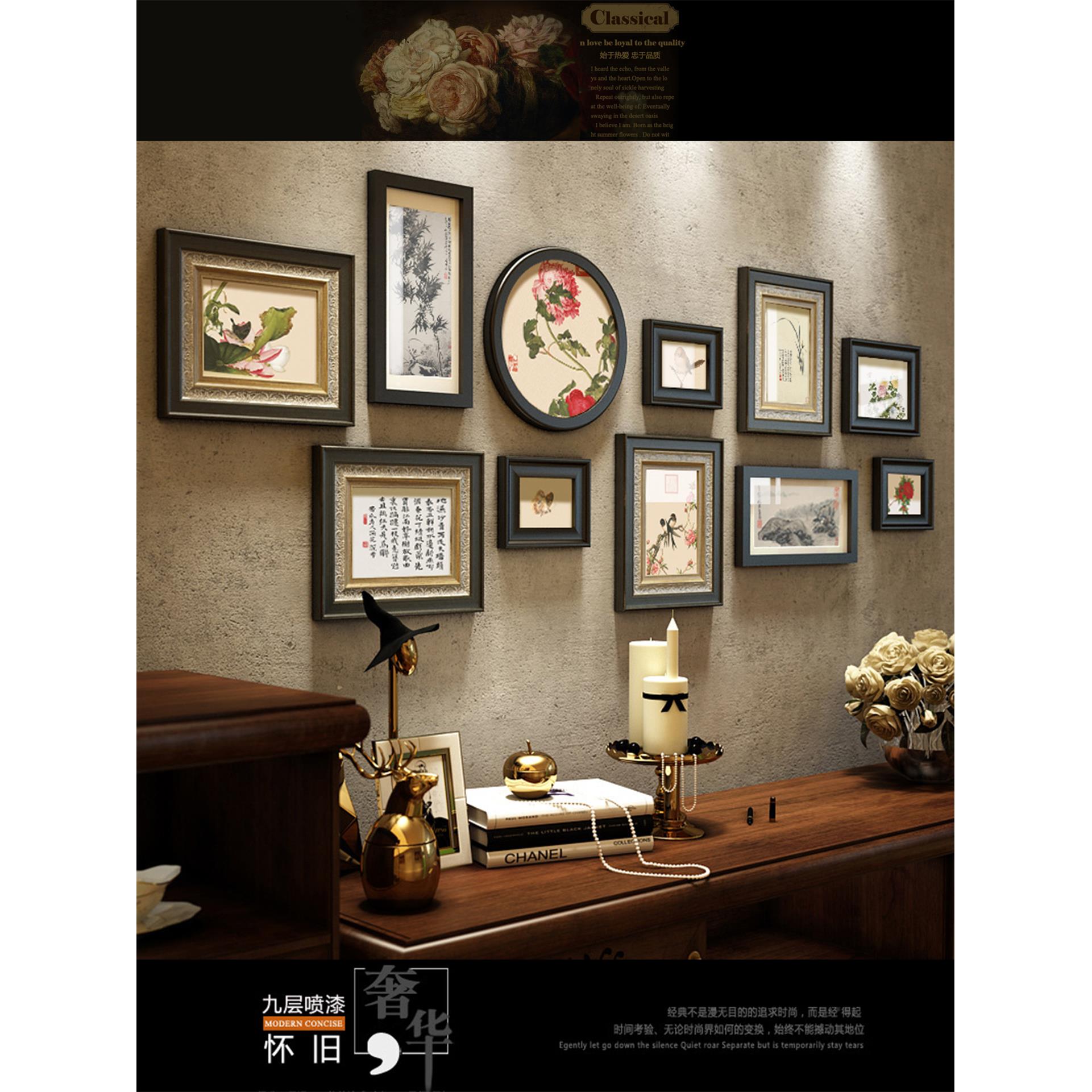 新中式照片墙禅意实木相框墙组合中国风客厅沙发背景墙装饰画玄关