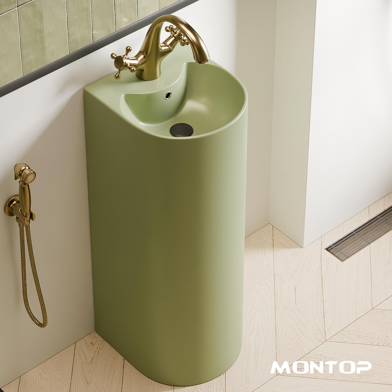 梦拓欧式复古绿陶瓷立柱盆一体落地式小户型卫生间洗手盆洗脸盆