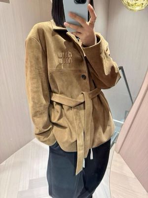 小羊皮反绒皮真皮皮衣系腰带风衣女2024秋冬季新绒面皮西装外套潮