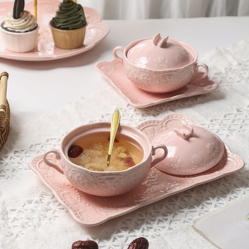 陶瓷燕窝甜品碗带盖双耳蒸蛋碗隔水炖盅银耳汤碗美容院养生粥汤盅