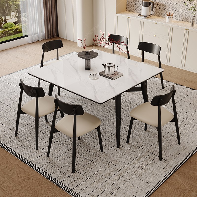 2025新款实木伸缩岩板餐桌家用简约长方形可变方桌两用餐桌椅组合