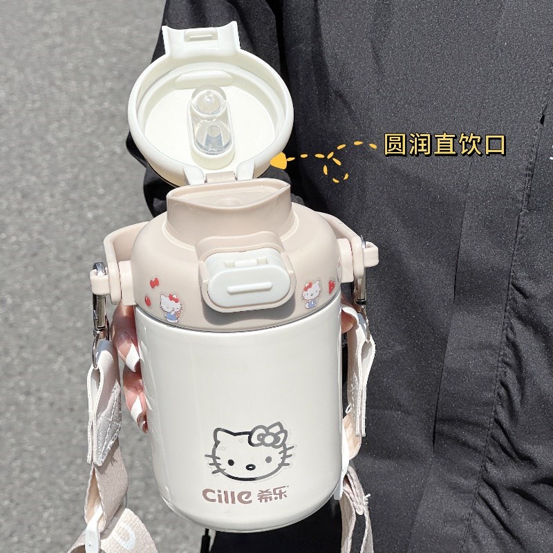 希乐保温杯女生高颜值可爱KT猫学生儿童便携式双饮杯带吸管不锈钢