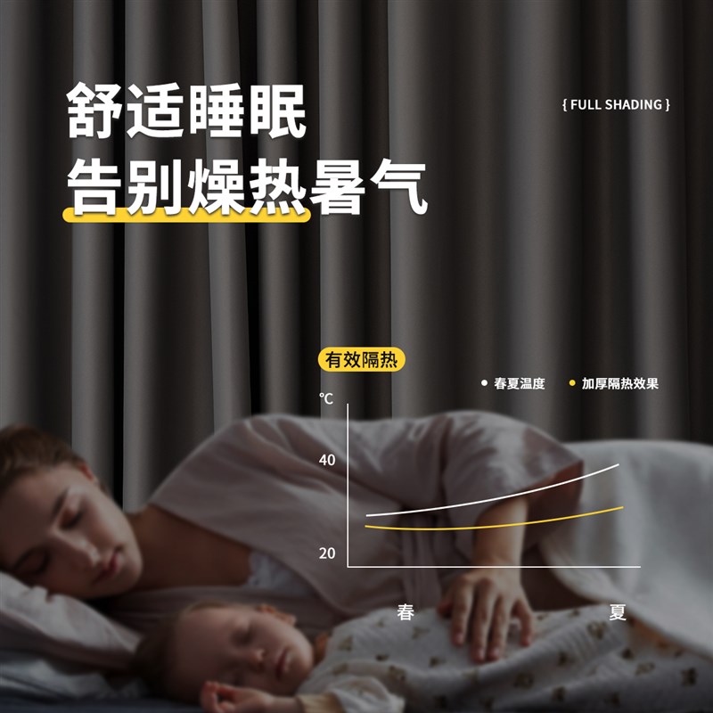 2025新款全遮光窗帘布卧室防晒隔热挂钩式飘窗挡光避光简易遮阳帘