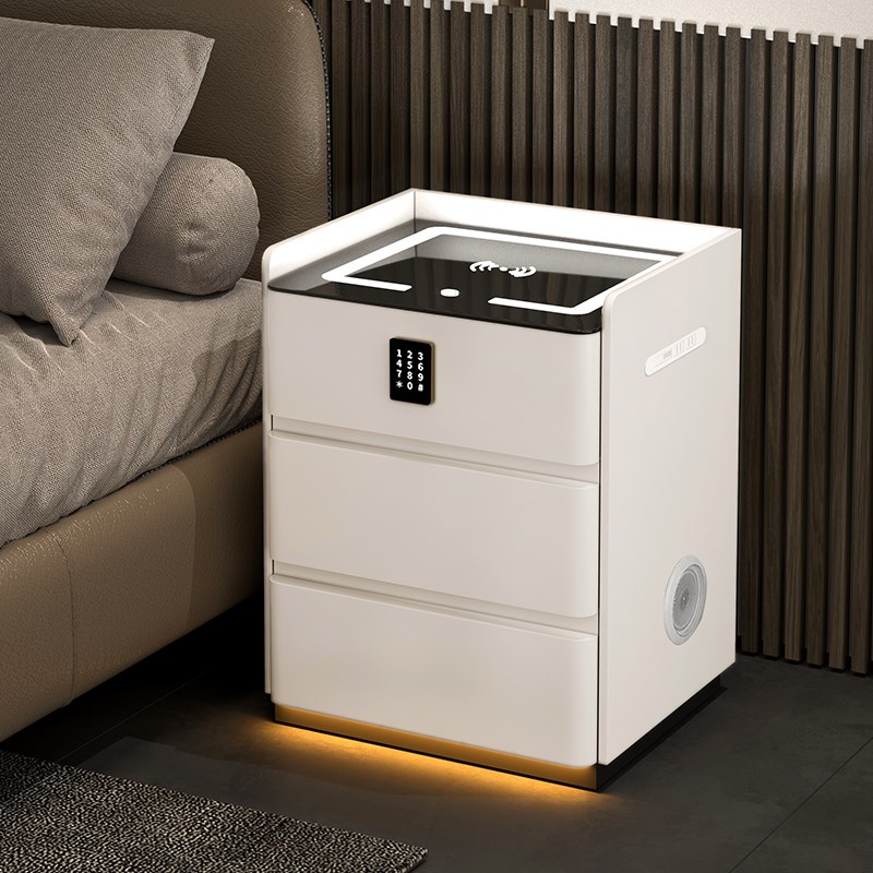 实木智能床头柜无线充电多功能现代卧室密轻奢码锁家用整装床边柜