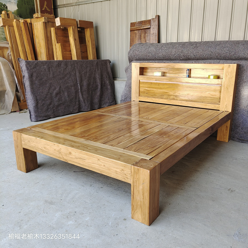 纯实木床老榆木床现代简约单人床双人床榻榻米硬板平板平尾床定制
