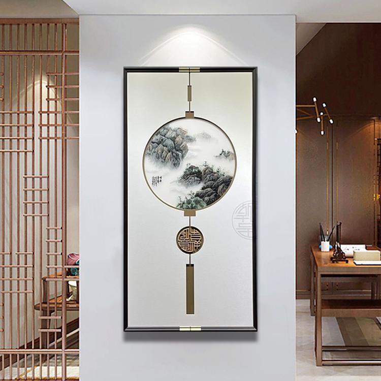 新中式苏绣挂画九鱼图银杏叶千里江山图实木刺绣玄关背景墙装饰画图片