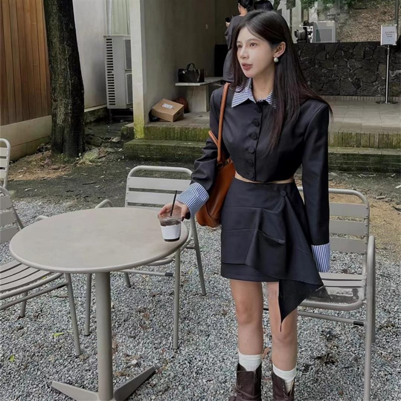 小个子高级感短款西装套装裙  衬衫翻领拼接外套短款半身裙两件套