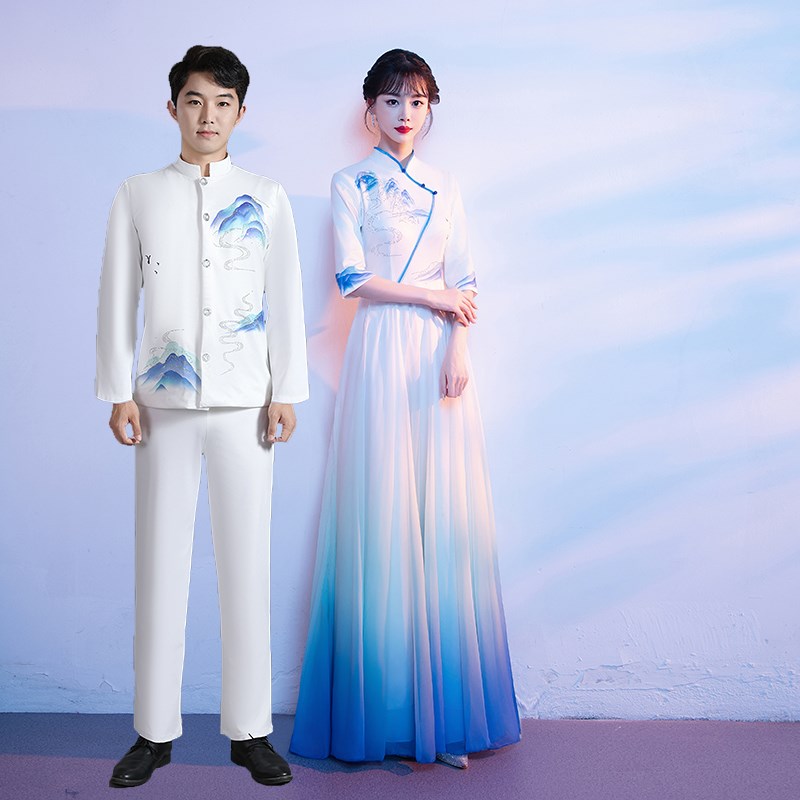 大合唱演出服女长裙诗歌朗诵舞台主持指挥服装红歌合唱团礼服修身