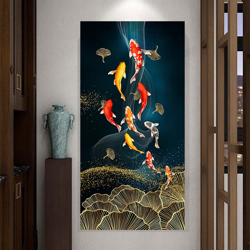 玄关3d立体轻奢走廊背景墙墙贴画装饰画福字年画贴纸自粘九鱼壁画图片