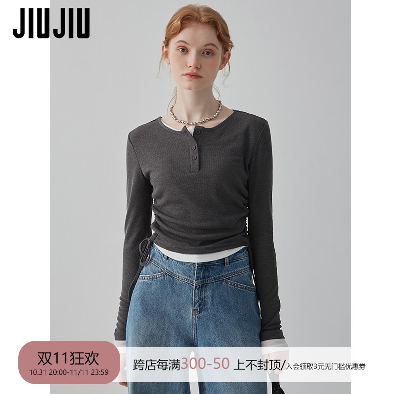 JIUJIU设计感假两件拼接抽绳长袖T恤女秋季2024新款BM风短款上衣