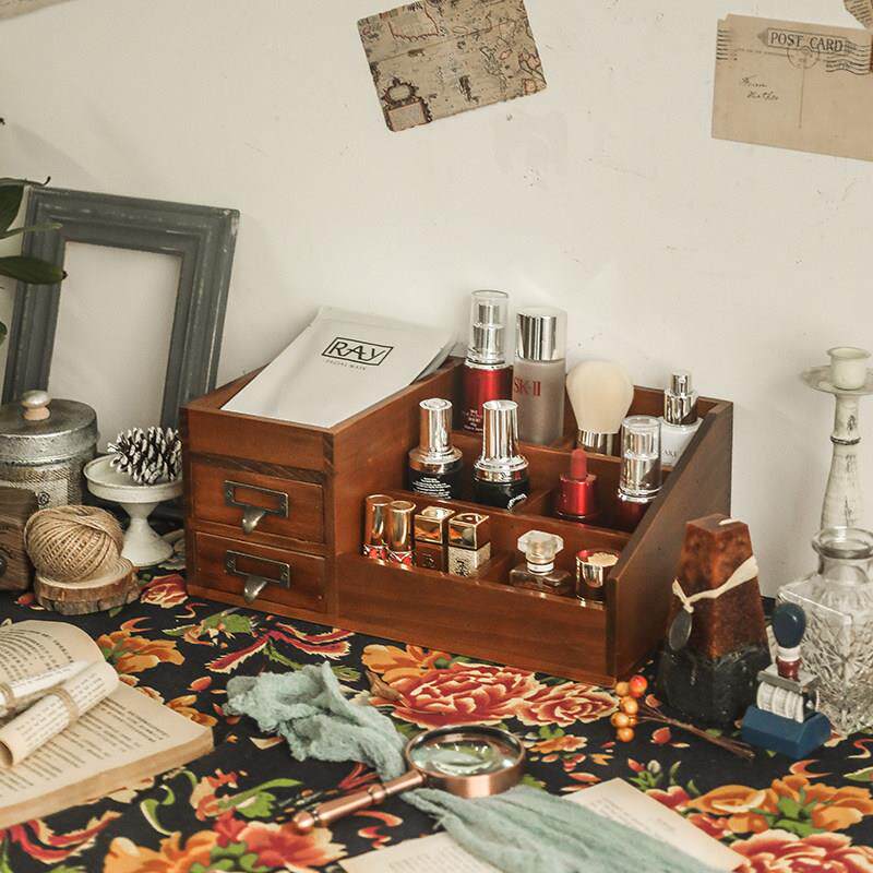 化妆品收纳盒覆古木质小抽屉式化妆台桌面置物架护肤品分隔整理盒