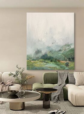 迷雾山景手绘油画绿色风景装饰画客厅挂画抽象青绿山水玄关肌理画