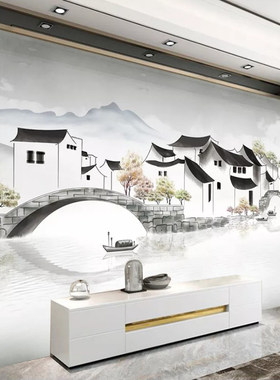江南水乡水墨新竹韵山水背景墙壁画墙纸餐馆客厅包间