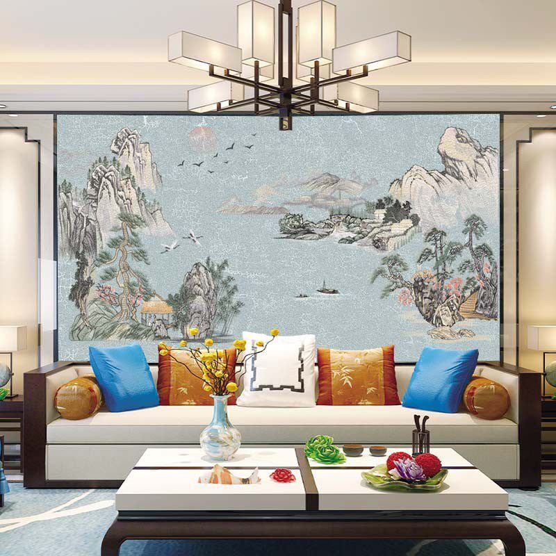 缝独绣刺绣山水现代山水客厅电视沙发背景壁布壁画