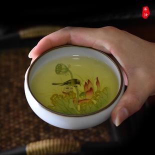 主人杯可养 手绘粉彩茶杯汝窑开片普洱杯景德镇纯手工荷花花鸟中式