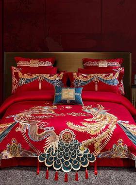 大红色结婚全棉140支双股贡缎长绒棉婚庆四件套刺绣纯棉多件套