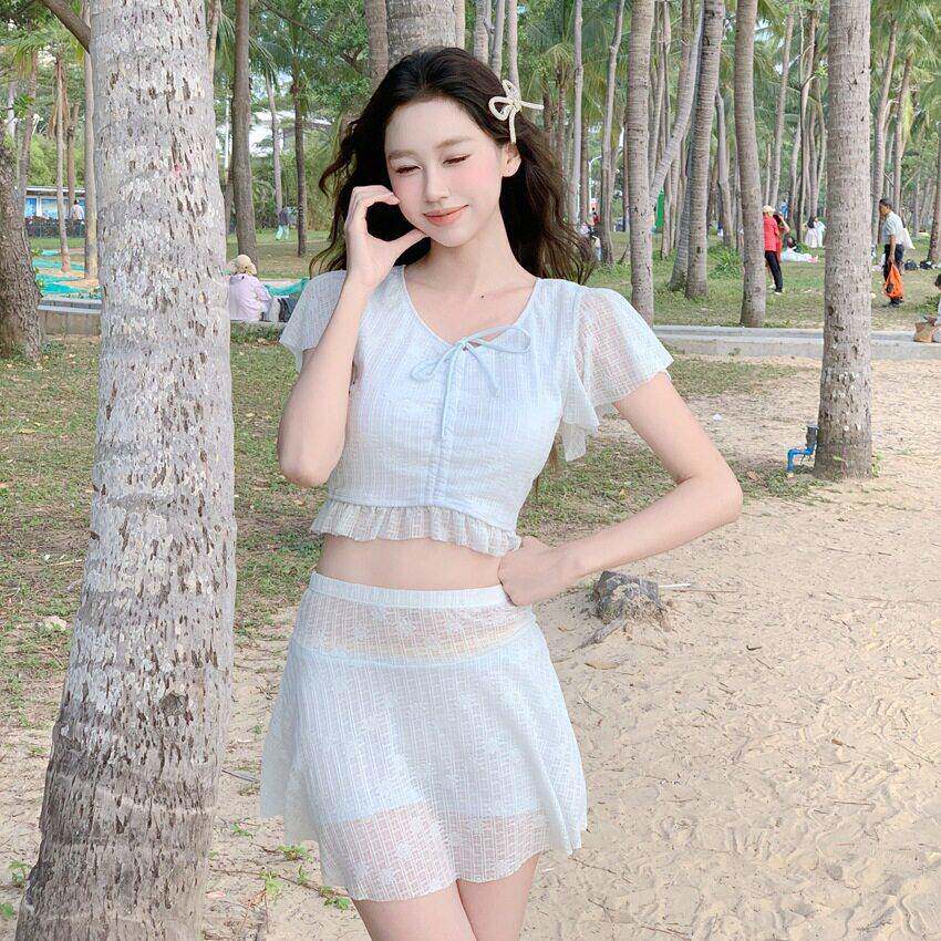 泳衣女分体两件套泳衣女士小清新少女显瘦泳装荷叶边网红游泳衣
