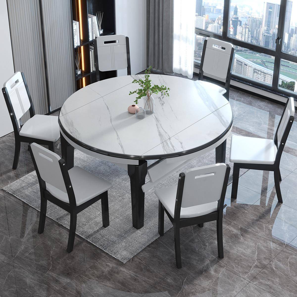 意式轻奢岩板餐桌现代简约方变圆可伸缩饭桌家用小户型餐桌椅组合