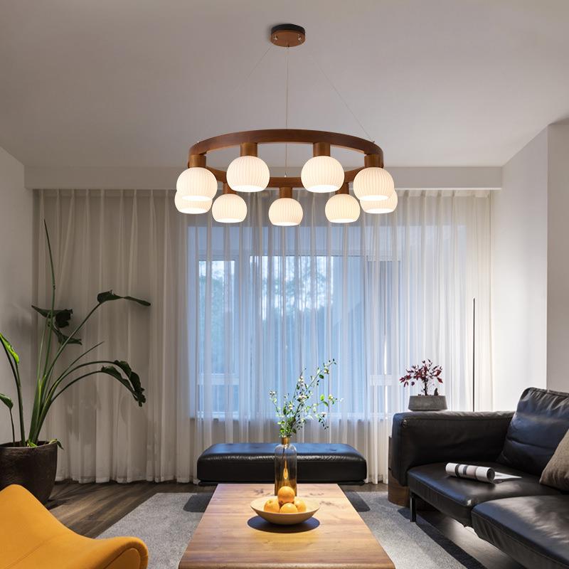 新中式吊灯客厅主灯简约现代复古胡桃色实木圆环大厅灯日式餐厅灯