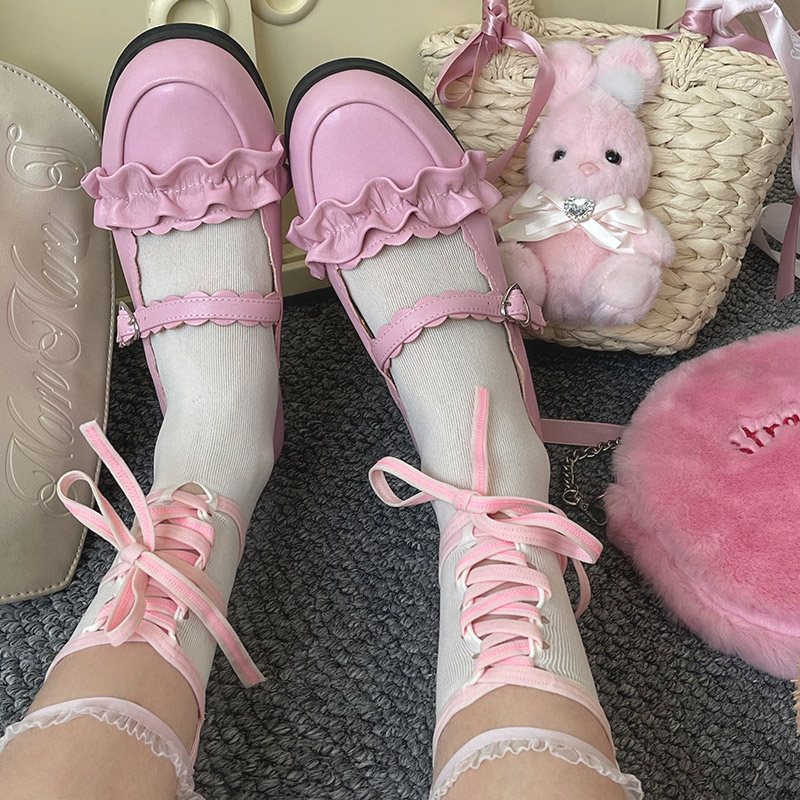 粉喵星球 自制款粉色绑带蕾丝花边少女洛丽塔萝莉软妹中筒堆堆袜