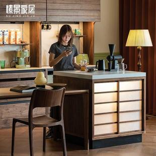 北美櫻桃木黑胡桃木實(shí)木吧臺(tái)餐桌一體升降插座無(wú)線充羅馬島臺(tái)