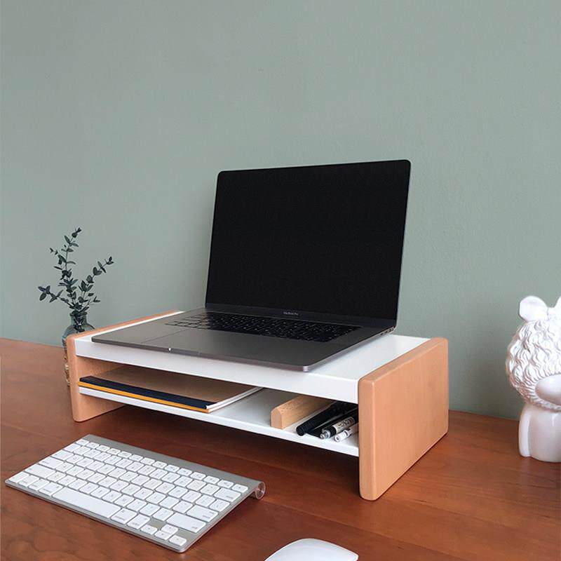 MOZI碳钢双层显示器底座增高架 桌面木质置物架定制