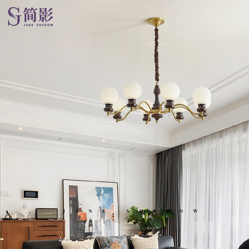 法式中古风客厅吊灯黄铜胡桃色实木卧室餐厅高级感南洋复古灯具