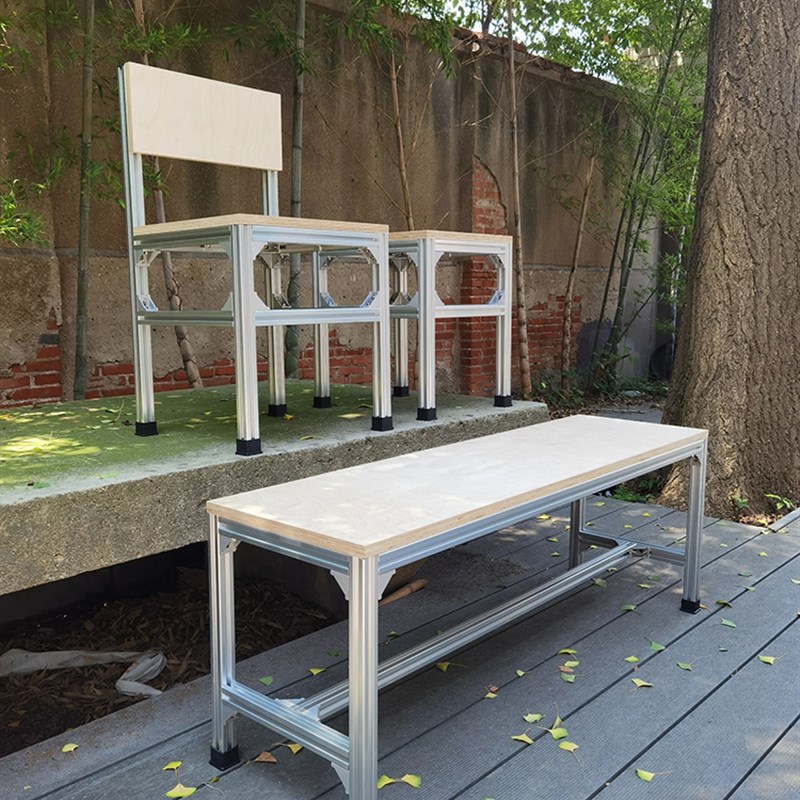 工业风桦木海洋板会议桌办公室多人接待洽谈桌铝型材框架桌椅组合