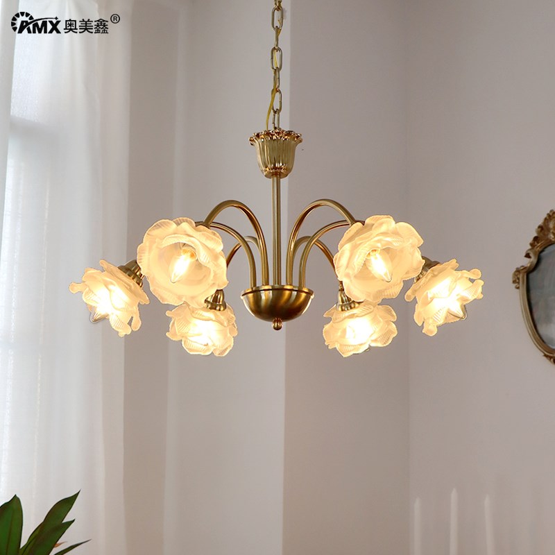 美式玫瑰花朵客厅吊灯法式复古卧室餐厅玻璃铜色6头8头中古艺术灯
