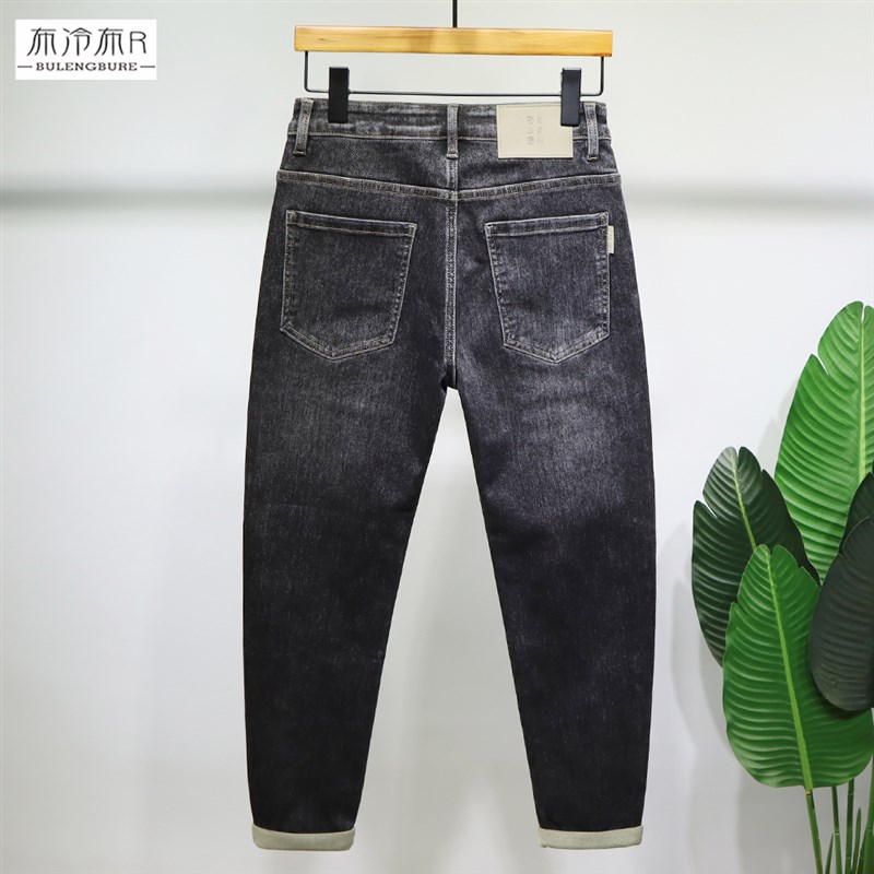 布冷布热 秋季新款黑灰色牛仔裤男修身小脚斜插袋微垮休闲长裤潮