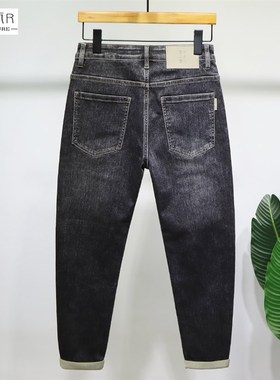 布冷布热 秋季新款黑灰色牛仔裤男修身小脚斜插袋微垮休闲长裤潮